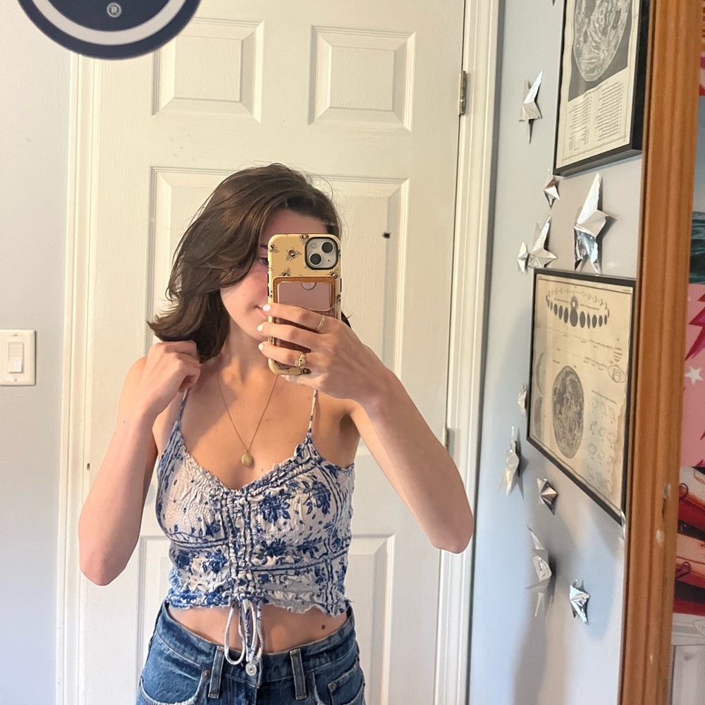 Urban Outfitters Blue and White Ruched Tie Front Camisole